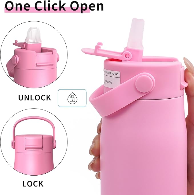 LISI 24oz Insulated Water Bottle, Double Wall Stainless Steel Water Bottles with Straw, 100% Leak-Proof Travel Thermal Canteen Mug with 2 Lids (Straw, Phone Holder Lid)