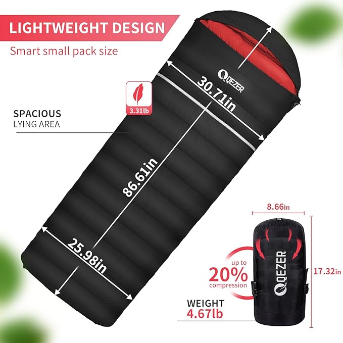 Down Sleeping Bag for Adults, 600 Fill Power, Ultralight & Compact with Compression Sack for Backpacking, Camping, Hiking