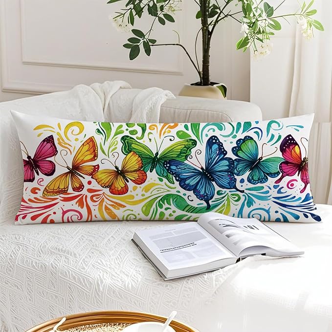 Colorful Rainbow Butterfly 20x54 Body Pillow Cover, Butterfly Lover Gifts for Women Girls Decorative Long Body Pillow Cases for Bed Couch
