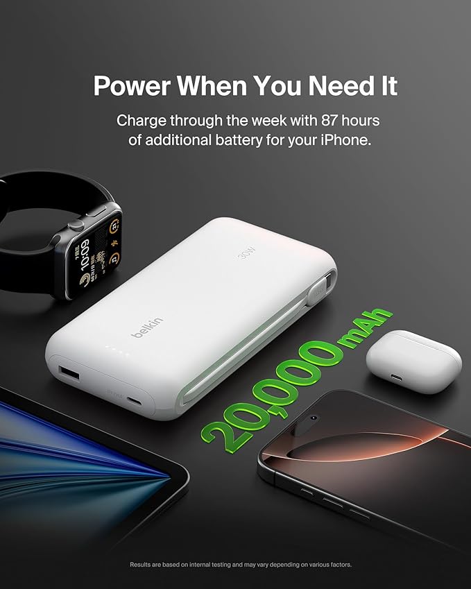 Belkin Power Bank with Integrated Cable, Fast Charging USB-C, 20000 mAh 30W, Portable Charger Power Bank USB C for iPhone 17, Air, Pro, Pro Max, iPad, AirPods, Apple Watch, Galaxy S25, & More - White