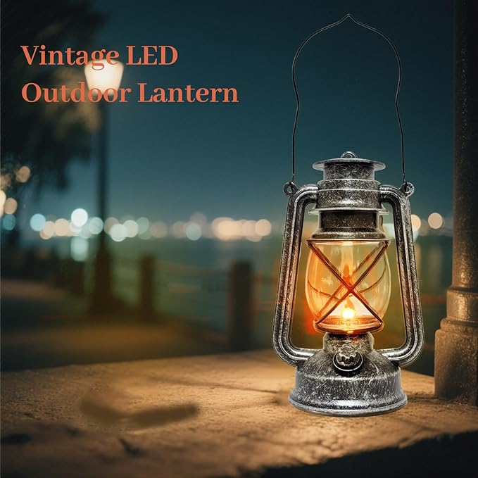Vintage LED Outdoor Lantern Battery Powered Lanterns with Flame Wick Waterproof Camping Lamp Non-Solar Hanging Lantern Lights Landscape Decor for Indoor/Outdoor Use- Silver Color