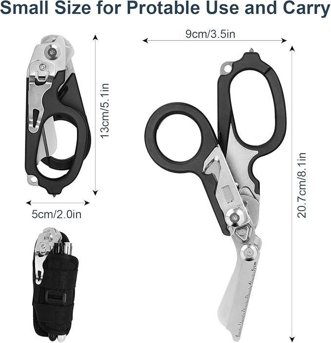 6 In1 Multifunction Emergency Response Shears, Stainless Steel Foldable Trauma Shears with Strap Cutter and Glass Breaker,Medical Scissors with Holster and Penlight