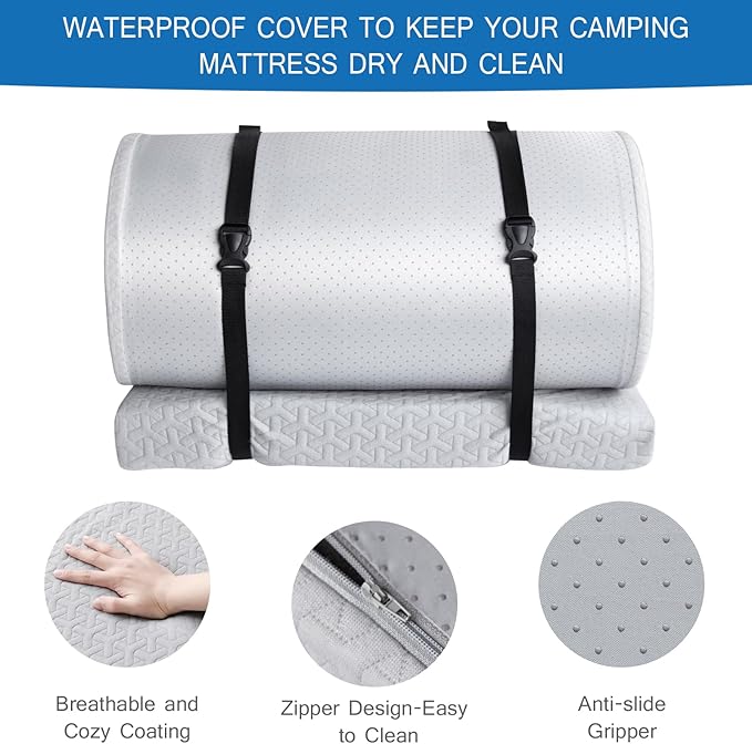 Memory Foam Camping Mattress Pad 3 Inch Thick, Portable Sleeping Pad with Waterproof Cover, Portable Roll Up Cot Mattress Pad Floor Mat for Travel Truck Bed Tent 72" x 24"x 3"