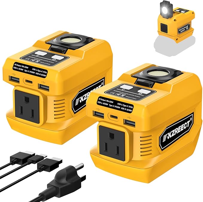 2 Pack Kzreect 220W Power Inverter Compatible with DeWalt 20V/18V Batteries (Battery Not Included), DC to 110V AC Converter with 1 AC Outlet, USB-C, Dual USB-A & 400LM LED Light for Camping, Emergency