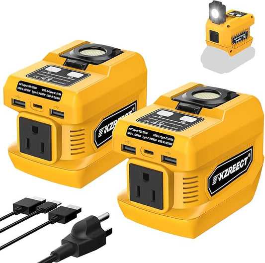 2 Pack Kzreect 220W Power Inverter Compatible with DeWalt 20V/18V Batteries (Battery Not Included), DC to 110V AC Converter with 1 AC Outlet, USB-C, Dual USB-A & 400LM LED Light for Camping, Emergency