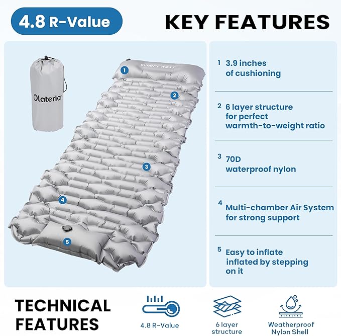 Camping Sleeping Pad with 4.8 R-Value, Ultralight Camping Mat with Pillow and Built-in Foot Pump, Inflatable Sleeping Mat Compact for Outdoor Hiking, Camping, Backpacking, Hiking, Traveling, Tent