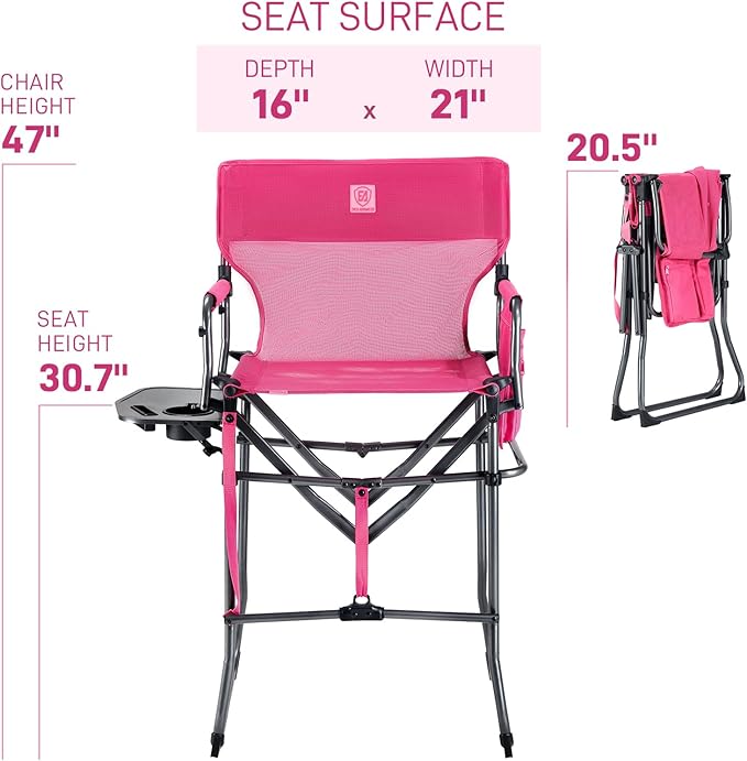 EVER ADVANCED Portable 30.7" Seat Height Tall Folding Camping Chair Directors Chair High Foldable Bar Stool with Side Table for Makeup Artist, Sports Event, Craft Show, Textilene Mesh, Supports 350LBS