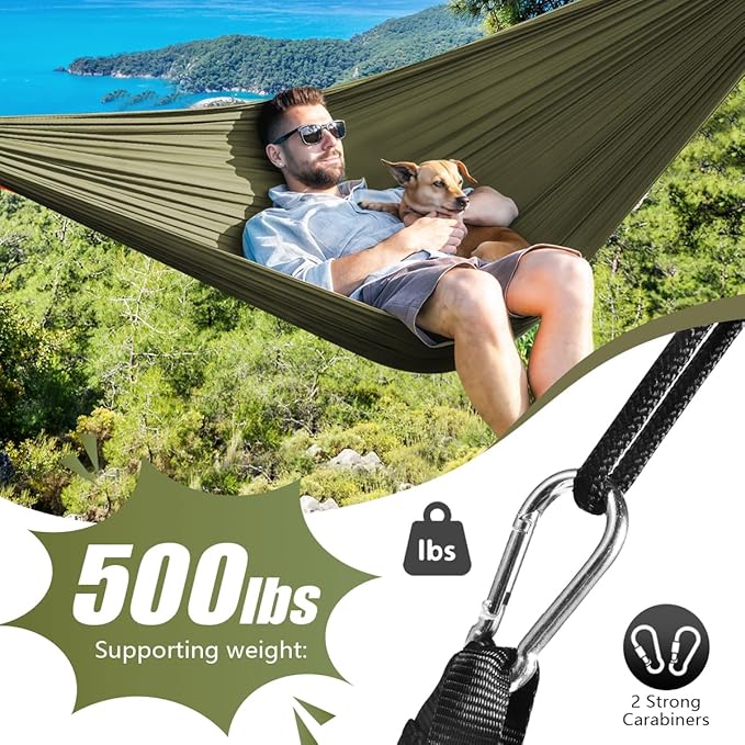 OBTANIM Camping Hammock 500lbs Portable Lightweight Single or Double Hammock with Tree Straps and Carry Bag for Camping Backpacking Hiking Travel Beach Outdoor Indoor (Army Green)