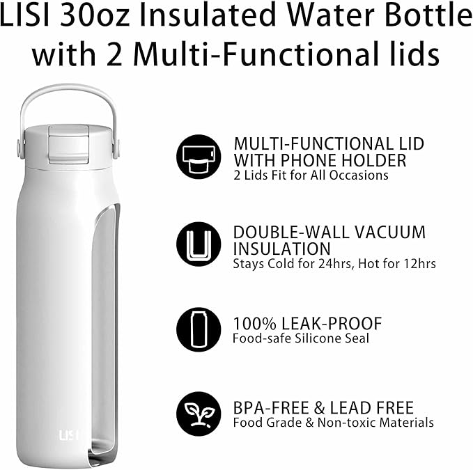LISI 30oz Insulated Water Bottle, Double Wall Stainless Steel Water Bottles with Straw, 100% Leak-Proof Travel Thermal Canteen Mug with 2 Lids (Straw, Phone Holder Lid)