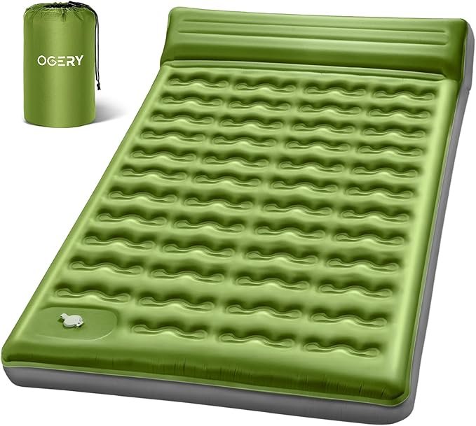 OGERY Double Sleeping Pad, Ultralight Inflating Inflatable Sleeping Pad for Camping with Pillow Built-in Foot Pump, 6" Extra-Thick Reinforced Camping Pad for Hiking, Backpacking, Tent, Single,Green