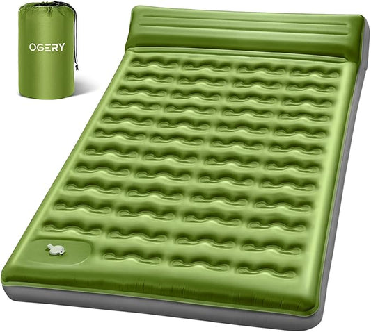 OGERY Double Sleeping Pad, Ultralight Inflating Inflatable Sleeping Pad for Camping with Pillow Built-in Foot Pump, 6" Extra-Thick Reinforced Camping Pad for Hiking, Backpacking, Tent, Single,Green