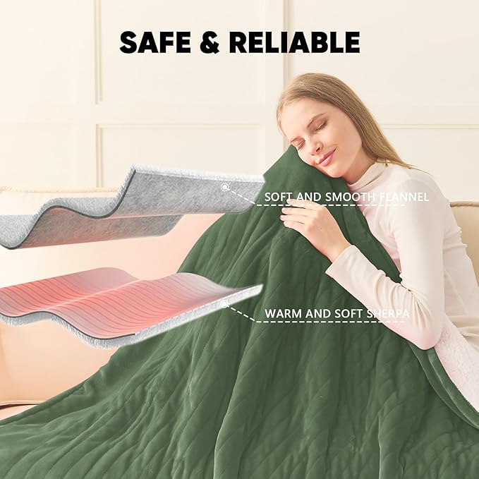 greenoak Heated Blanket Electric King Size 100"X90" Dual Control, Heating Blankets with 10 Levels 8 Hours Auto-Off, Soft Sherpa Fluffy House Warming Gifts for Grandma Seniors Momt, Jade Green