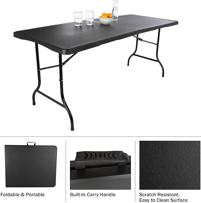 Lavish Home Portable Folding Tables - Lightweight Portable Folding Desk - 6-Foot-Long Indoor or Outdoor Utility Tables for Camping, Events, Dining, Crafts, or Banquets (Set of 2/Black)