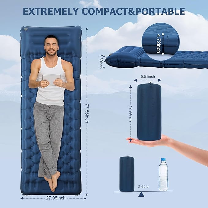 Toncoke Sleeping Pad, 4.7" Extra-Thick & Ultralight Inflatable Camping Mat with Pillow, Built-in Foot Pump, Compact for Backpacking, Camping, Hiking, Travel — Navy Blue