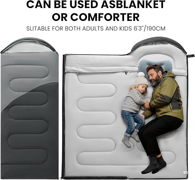 Sleeping Bags for Adults & Kids Lightweight Waterproof 3-4 Season Warm with Inflatable Pillow–Compact Portable Sleeping Bag for Cold Weather Camping, Hiking, Travel, Indoor/Outdoor Use