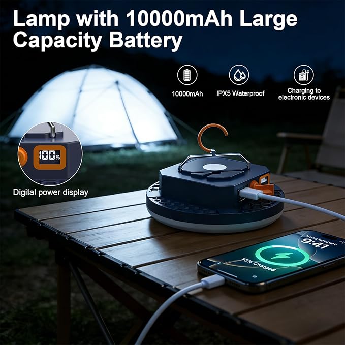 10000mAh 4000LM Flashlight Portable LED Camping Lantern Rechargeable Light 30W with Digital Power Display and Magnet , IPX5 Waterproof Tent Lights Power Failure Emergency Light