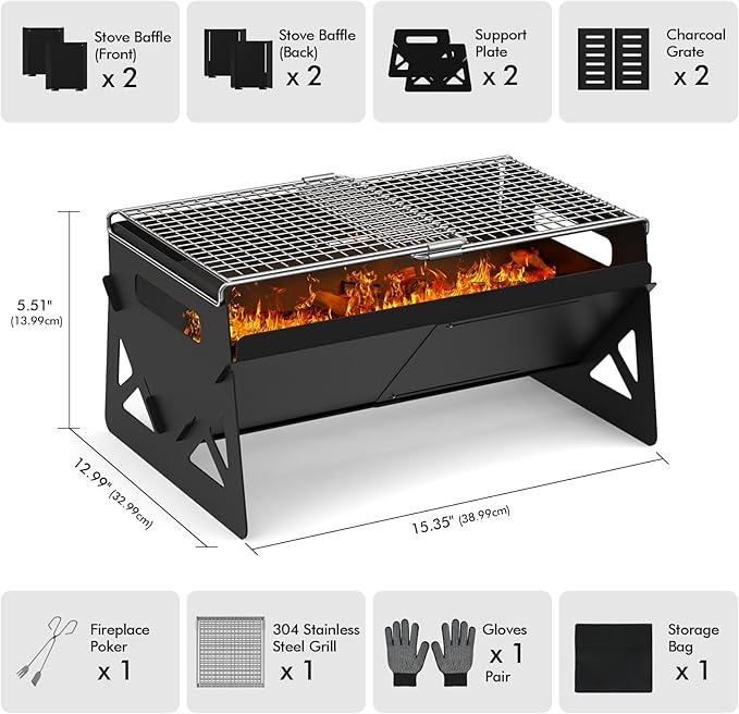 Raynesys Charcoal Grill, Folding Portable Grill, with Carry Bag, Camping Firepit for Outdoor Cooking, Campfire, Patio, Backyard, Backpacking, Party, 15.35 * 12.99 * 5.51 Inches
