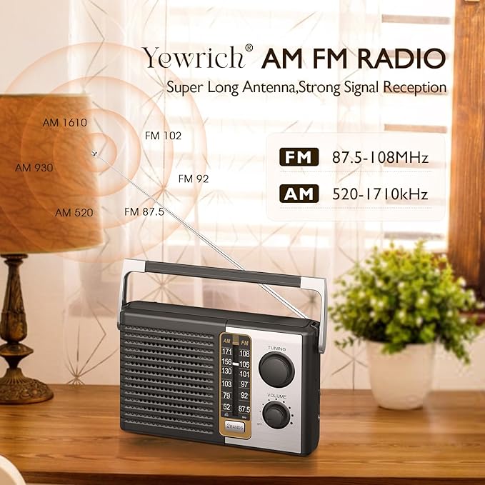 Yewrich AM FM Radio with Best Reception, Portable Battery Operated Transistor Radios, Headphone Jack, AC Powered, Suit for Senior and Home, Black