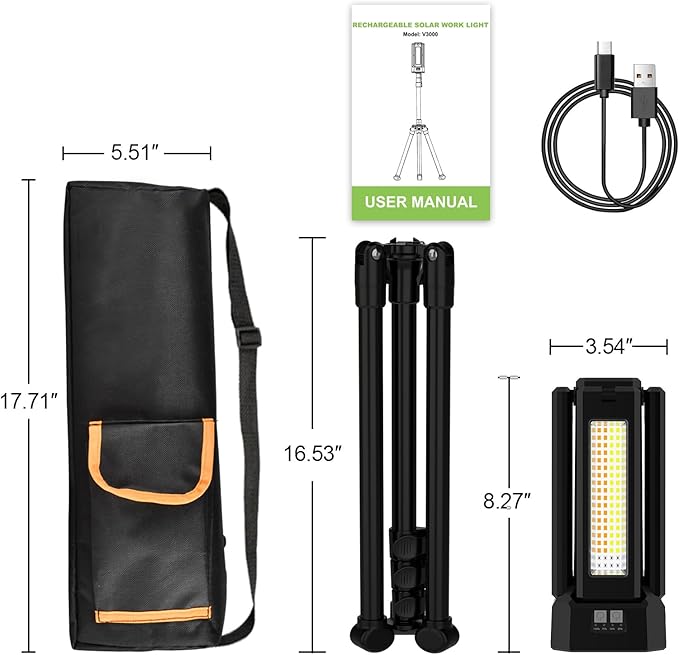 iodoo 13200mAh Rechargeable Solar Work Light with Folding Stand Support and Portable Carrying Bag, 8000 Lumen Stepless Dimmable, 4 Lighting Modes, White/Warm/Warm White (Black(Remote))