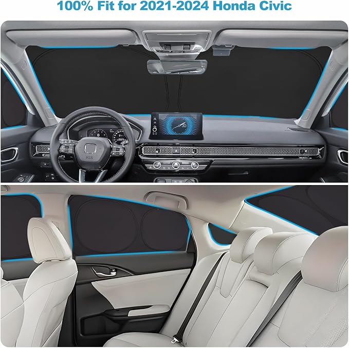 XCBYT 2021-2024 Civic Full Coverage Window Shades | 6-Layer Blackout Insulated Sun & UV Protection | Custom Fit Privacy Covers for Camping, Sleeping & Car Living (8 PCS)