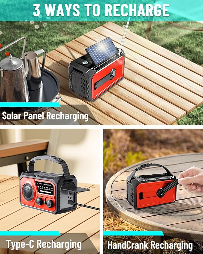 16000mAh Emergency Weather Radio, AM/FM/NOAA Weather Alert Radio Hand Crank/Solar/Type-C Fast Rechargeable Outdoor Radio with Reading Lamp/SOS Alarm/3 Mode Flashlight/Power Bank (Red)