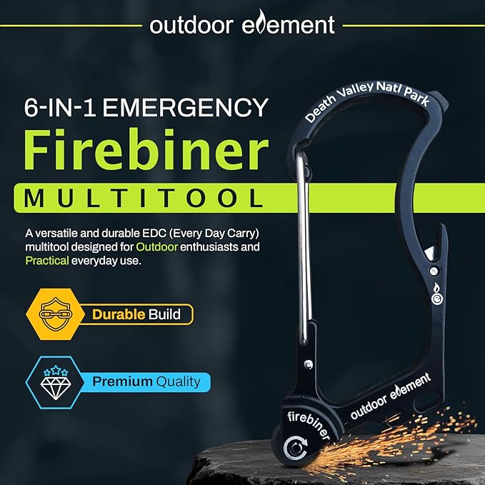 OUTDOOR ELEMENT Firebiner Custom Engraved 6-in-1 Fire Starter Carabiner Multitool – Survival Gear EDC Keychain with Utility Blade, Bottle Opener, Screwdriver, Emergency Tool