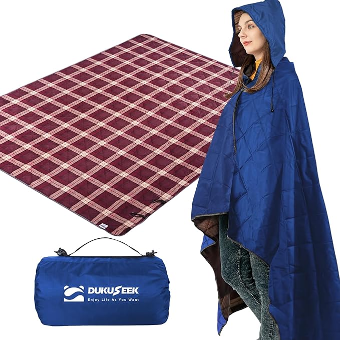 DUKUSEEK Waterproof Camping Blanket with Thick Fleece, Large Outdoor Blanket Windproof with Foldable Hood for Camping Stadium Sporting Events,79"x 58"