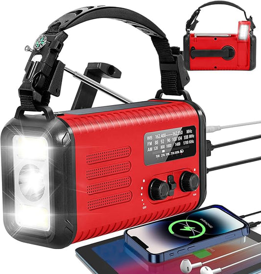 Emergency Hand Crank Radio, NOAA Weather Radio, 20000mAh Rechargeable Solar AM/FM Radio, Portable USB-C Fast Charger, Flashlight, Reading Lamp SOS Alarm for Hurricane Storm Camping Hiking (Red)