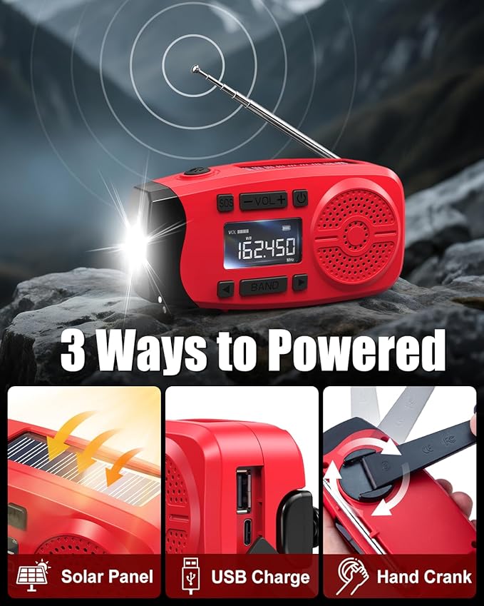 Runningsnail Emergency Weather Radio, 7400mWh Hand Crank Emergency Radio with LCD Display, Support Weather Alert Radio, USB/Solar/Hand Crank, 1W Flashlight & SOS Alarm for Outdoor & Home Emergency
