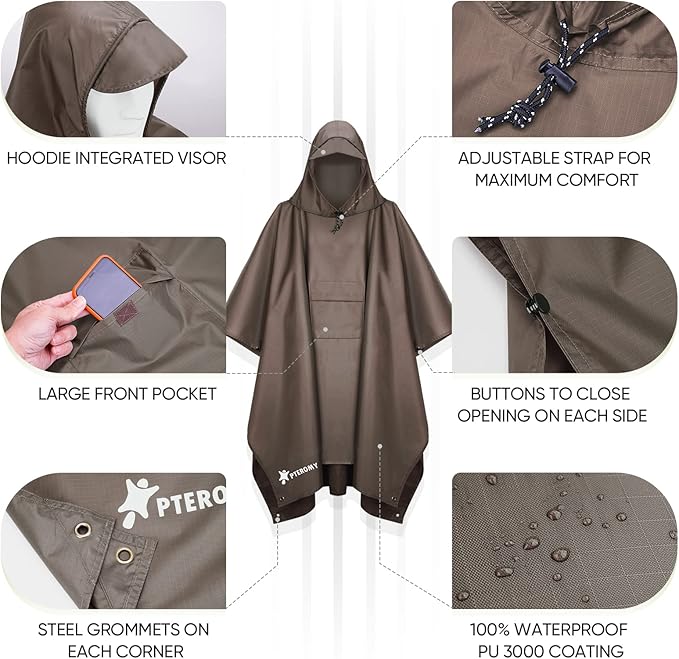 PTEROMY 3-in-1 Hooded Rain Poncho for Adult with Pocket, Waterproof Lightweight Unisex Raincoat for Hiking Camping Emergency