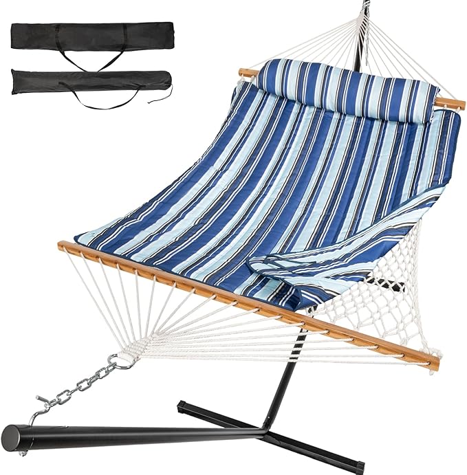 Everyfun 2 Person Outdoor Hammock with Stand, Cotton Rope Hammock with Polyester Pad, Adjustable Steel Frame, Portable with Carrying Bag – for Patio, Backyard, Garden, Beach, Blue Stripe