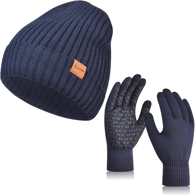 LCZTN Winter Beanie Hat and Touchscreen Gloves Set for Men and Women,Beanie Gloves Set with Warm Knit Fleece Lined