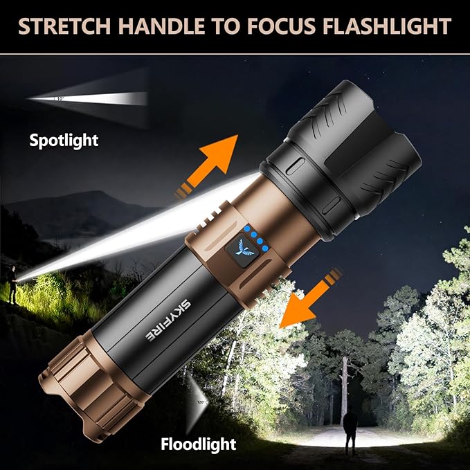 SKYFIRE Rechargeable Flashlights High Lumens Plus with Ignition Lens,3000lm Super Bright Flashlight,7500mAh,Zoomable,Waterproof Tactical Flash Light for Camping Essentials Outdoor Home&Gifts-Upgraded