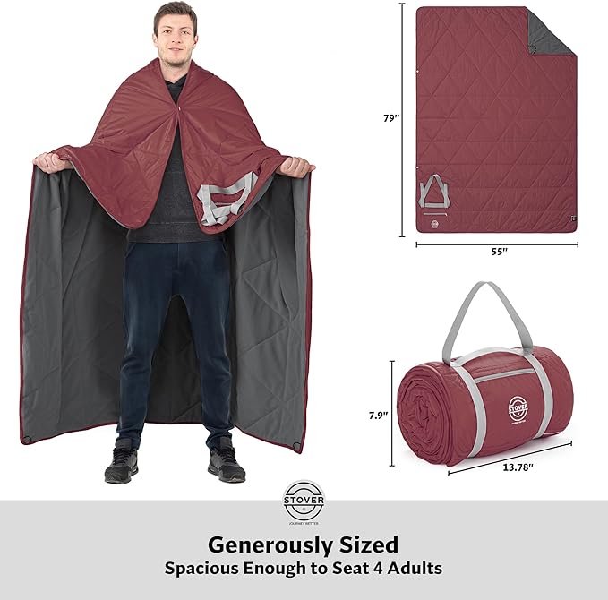 STOVER Large Waterproof Outdoor Stadium Blanket- Extra Thick Soft Fleece Camping Blanket for Travel, Picnics, Sports, 79"x55", Warm, Windproof, Sand-Proof, Lightweight, Packable (Game Day Crimson)