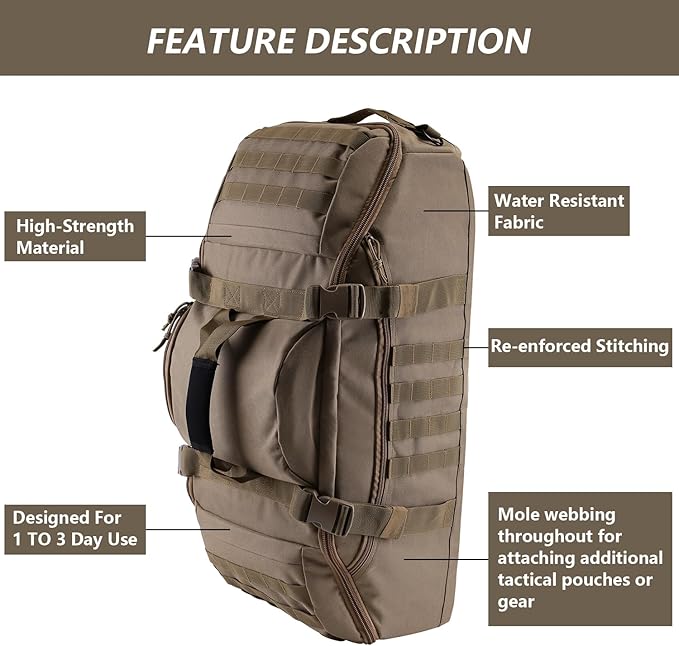 Hannibal Tactical 55L Large Duffle Bag, 3-in-1 Tactical Backpack MOLLE Pack for Gym, Sports, Outdoor, Coyote
