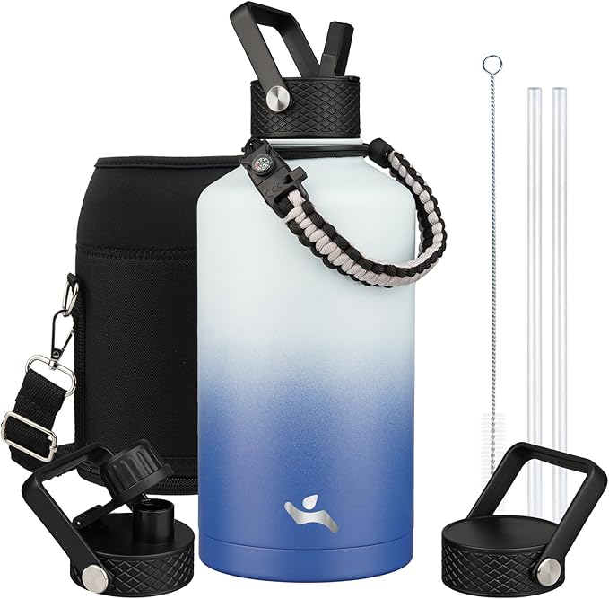 Konokyo Insulated Water Bottle with Straw,87 oz 3 Lids Water Jug with Carrying Bag,Paracord Handle,Double Wall Vacuum Stainless Steel Metal Flask,Sky