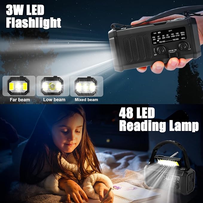 QAUYYW Hand Crank Emergency Radio,74000mWh Solar Powered Portable NOAA AM FM Weather Radio with 3 Mode Flashlight and Reading Light,Cell Phone Charger,Home and Emergency Distress Signal (Black)
