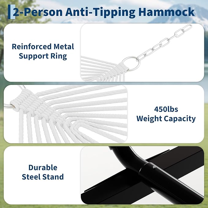 GarveeHome Portable 2 Person Double Hammock with Sturdy Heavy-Duty Steel Stand – 450LBS Max Load, Quick & Effortless Assembly, Perfect for Indoor Living, Yard, Patio & Camping Trips
