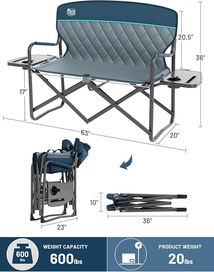 TIMBER RIDGE Double Camping Chair Portable Loveseat, Heavy Duty Folding Camp Couch, 2 person Director Chairs with Cup Holder for Outdoor Lawn Tailgates Picnic Sports Soccer Games Supports 600 lbs Blue