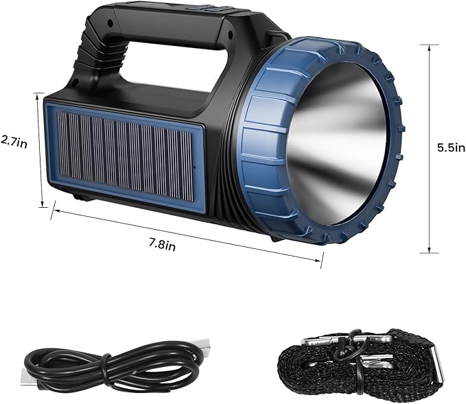 E-SHIDAI Solar Flashlight，Solar Powered Flashlight for Multi Function 8000 Lumens with Emergency，Portable Bright Camping Rechargeable Flashlights for Home, Outdoor Hiking, Power Outages