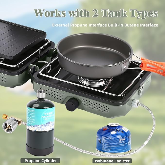 Hisencn 2 Burner Propane Camping Stove, 30000 BTU Foldable Portable Gas Stove with Cookware Set & Carry Bag, Outdoor Cooking for Camping, RV, Emergency Use, Green