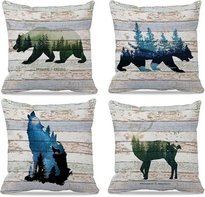 Camping Themed 18″×18″Set of 4 Woodland Wild Animals Deer Wolf Bear Preserve and Protect Throw Pillow Case,Rustic Home RV Campsite Sofa Couch Bed Decor,Gifts for Campers Camping Lovers