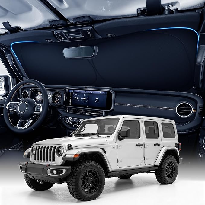 Zanch Custom Windshield Sun Shade for Jeep Wrangler 2018-2026, 7-Layer UV & Heat Block, 3D Laser Scanned, Interior Protection, Keep Car Cooler, Foldable SUV Accessories