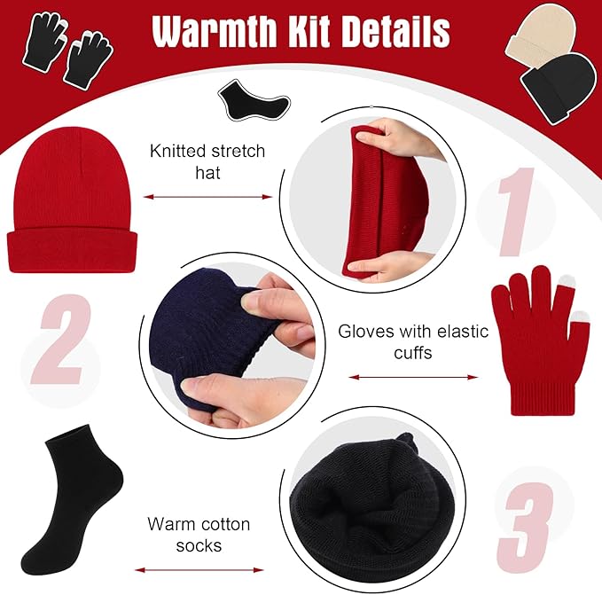 Chicingyou 120 Pcs Homeless Care Package Supplies Bulk Winter Emergency Thermal Blankets Warmer Beanie Socks Touchscreen Gloves for Men Women Cold Weather Outdoor Survival Kits(Multicolor)