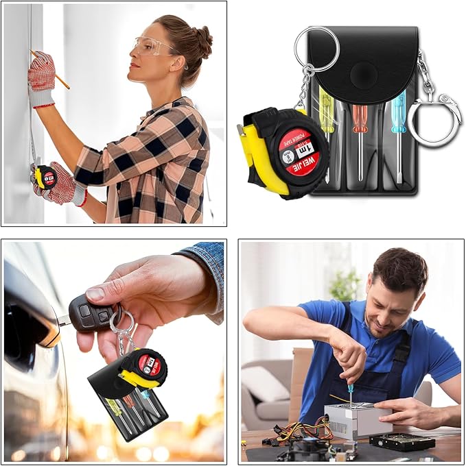 Lasnten 100Pcs Mini Tape Measure Screwdriver Keychain Set Bulk Men Gifts Multitool Pen Card Mini Tool Bag Pouch Adult Party Favors Pinata Stuffers for Men Father's Day Husband Gifts (black+yellow)
