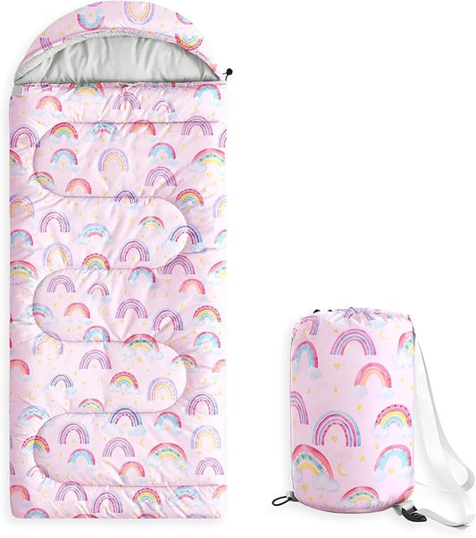 Wake In Cloud - Kids Sleeping Bag for Girls Toddlers, Camping in Warm Cold Weather, Backpacking Lightweight Compact Outdoor Liner for 3 Seasons, Rainbow Clouds