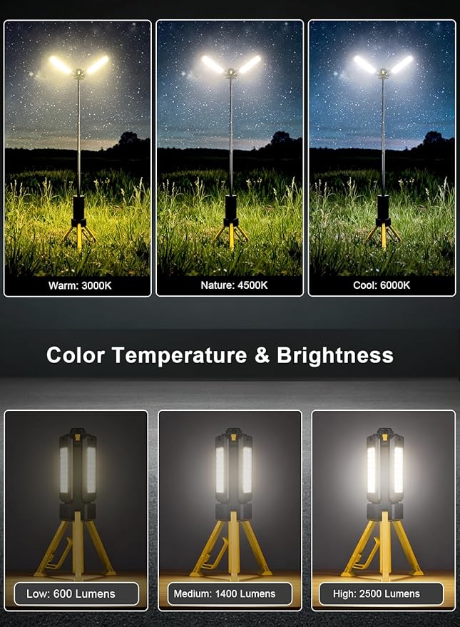 15000mAh Rechargeable Telescopic Camping Light, Portable Flashlight & Lantern with Reinforced Tripod Base, Height Adjustable Dimmable Tent Light, Power Bank for Outdoor BBQ, Hiking, Job Site, Yellow