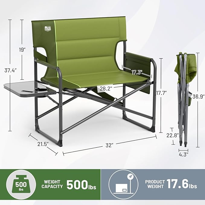 TIMBER RIDGE XXL Director’s Chair – Heavy Duty Folding Chair with Side Table, 500 lb Capacity, Extra Wide Padded Seat for Camping, Sports, Beach, Patio, and Outdoor Use, Green-2 Pack