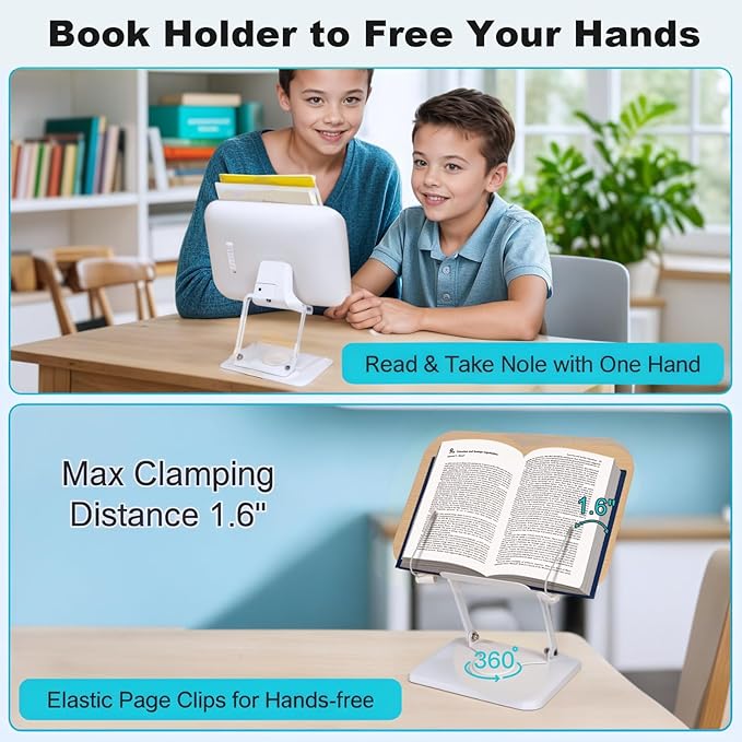 Book Stand for Reading - 360° Rotating Base, Adjustable Height & Angle, Hands-Free Holder for Cookbooks, Textbooks, Tablets up to 17.3 Inches (Light Yellow)