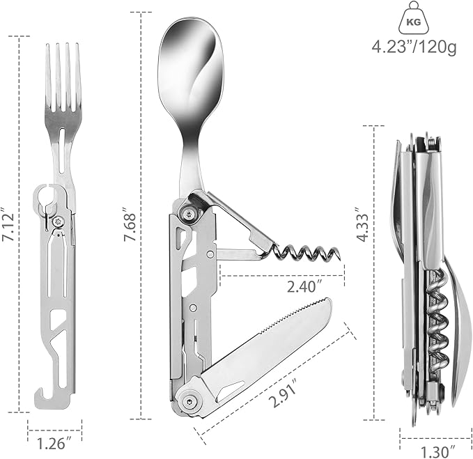 POXIMO Camping Utensils, 6-In-1 Detachable Stainless Steel Camping Flatware Multi-tool kits with Spoon Fork Knife Corkscrew Bottle&Can Opener, Folding Portable Cutlery Set for Travel Hiking Picnic